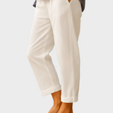 Andrea Elegantní Bílé Lněnobavlněné Cropped Kalhoty